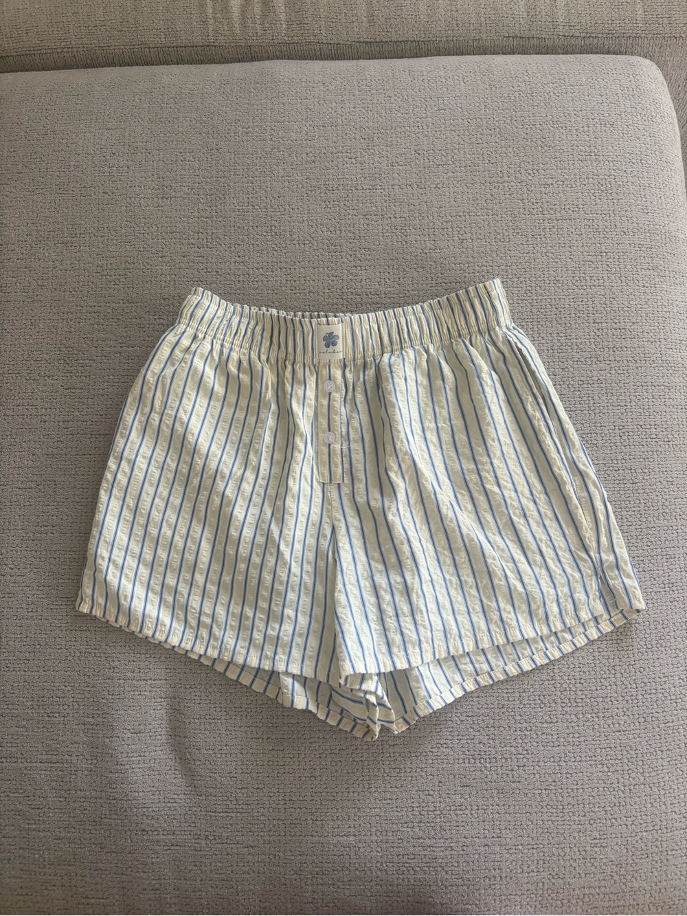 Yellow with blue stripped boxer shorts